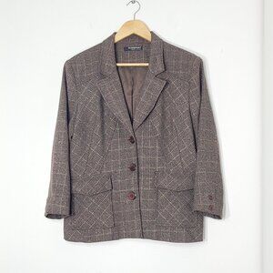 Glensport Women's Brown Plaid Pattern Pockets Button Details Classic Blazer